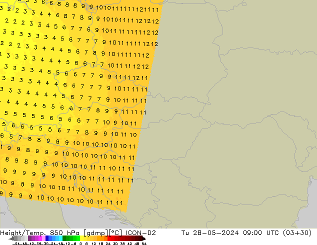 Yükseklik/Sıc. 850 hPa ICON-D2 Sa 28.05.2024 09 UTC