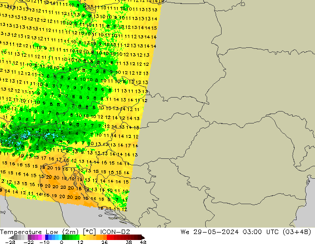 Min.temperatuur (2m) ICON-D2 wo 29.05.2024 03 UTC