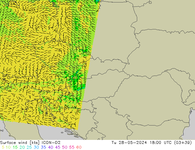 ветер 10 m ICON-D2 вт 28.05.2024 18 UTC
