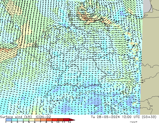  10 m (bft) ICON-D2  28.05.2024 12 UTC