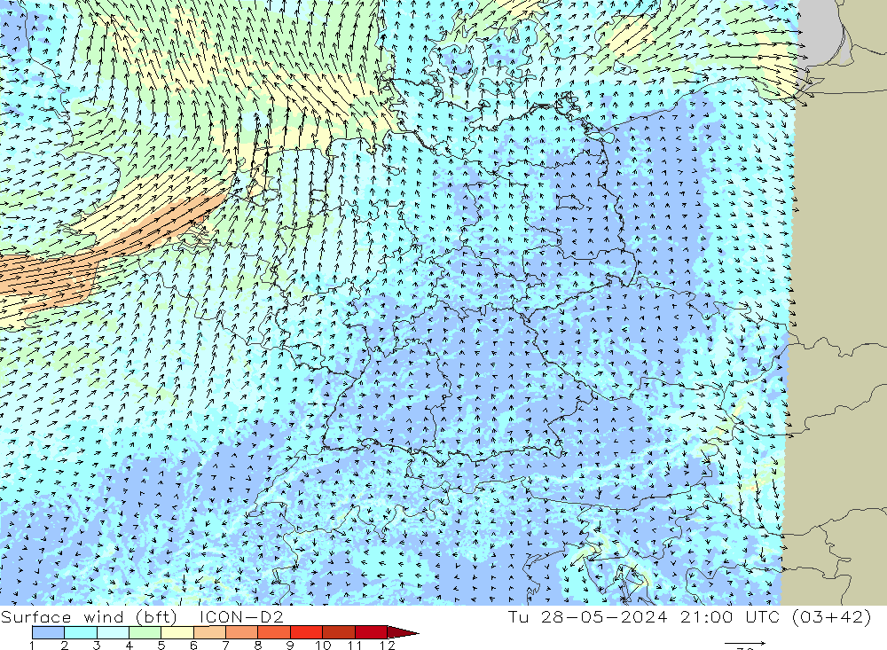 Bodenwind (bft) ICON-D2 Di 28.05.2024 21 UTC