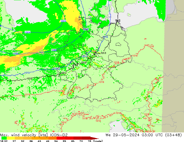 Max. wind snelheid ICON-D2 wo 29.05.2024 03 UTC