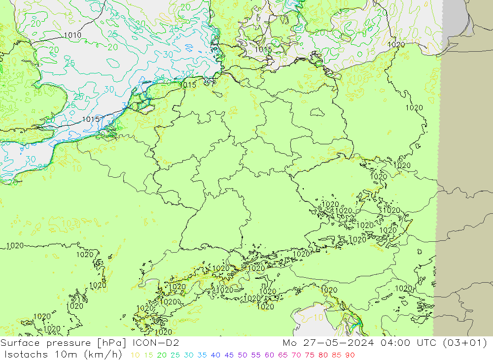 Isotachs (kph) ICON-D2  27.05.2024 04 UTC