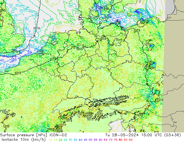 Isotachs (kph) ICON-D2 mar 28.05.2024 15 UTC