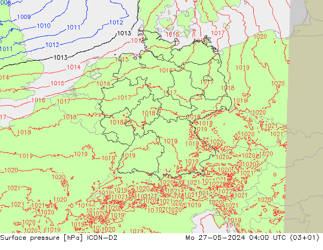 地面气压 ICON-D2 星期一 27.05.2024 04 UTC