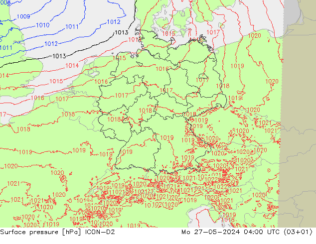 Presión superficial ICON-D2 lun 27.05.2024 04 UTC