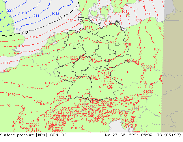 Surface pressure ICON-D2 Mo 27.05.2024 06 UTC