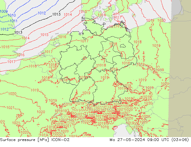 Presión superficial ICON-D2 lun 27.05.2024 09 UTC