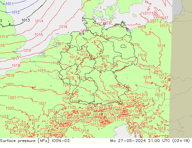 Pressione al suolo ICON-D2 lun 27.05.2024 21 UTC