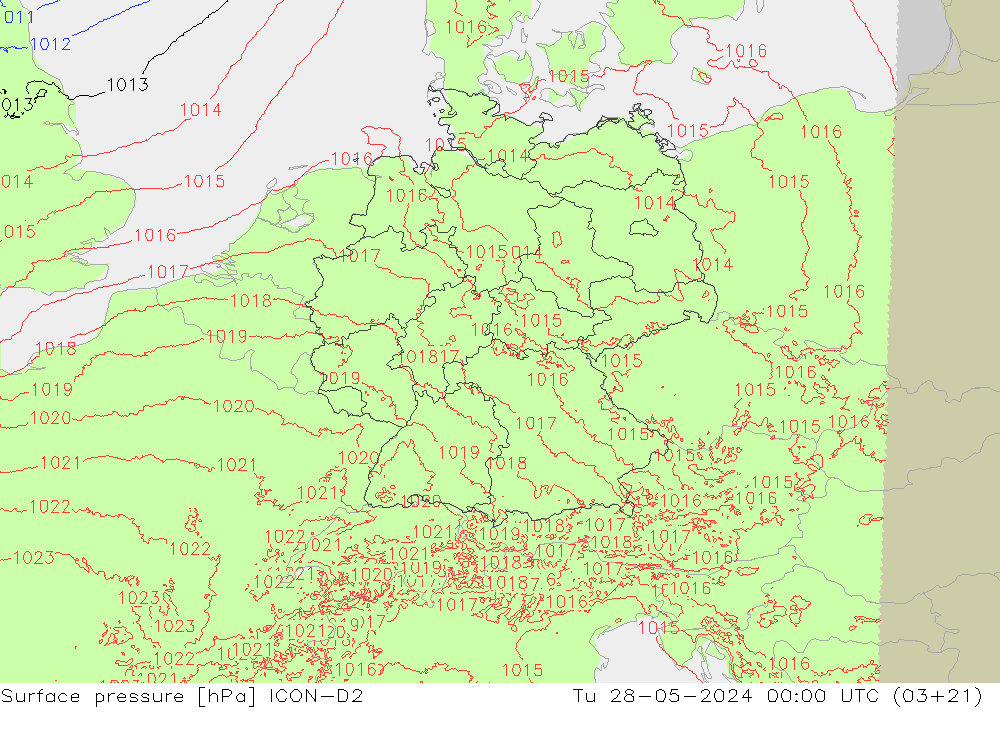 Pressione al suolo ICON-D2 mar 28.05.2024 00 UTC