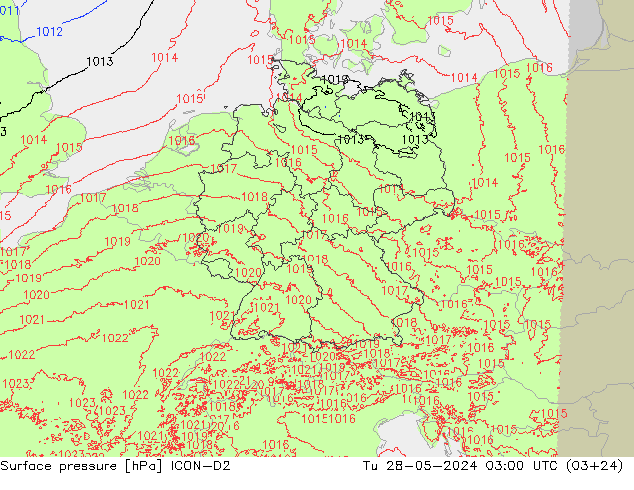 Surface pressure ICON-D2 Tu 28.05.2024 03 UTC