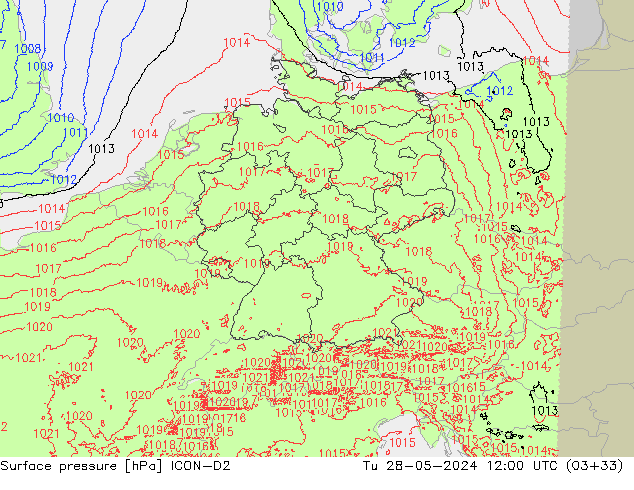 Presión superficial ICON-D2 mar 28.05.2024 12 UTC
