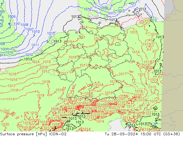 Atmosférický tlak ICON-D2 Út 28.05.2024 15 UTC