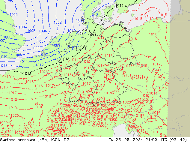 Surface pressure ICON-D2 Tu 28.05.2024 21 UTC