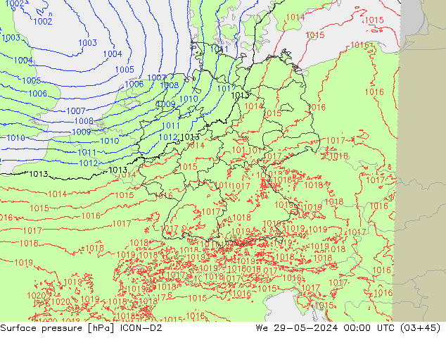 Pressione al suolo ICON-D2 mer 29.05.2024 00 UTC