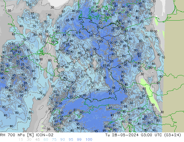 Humidité rel. 700 hPa ICON-D2 mar 28.05.2024 03 UTC