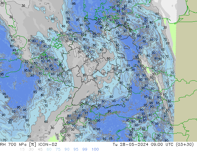 RH 700 hPa ICON-D2 Tu 28.05.2024 09 UTC