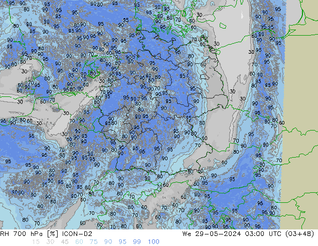 RH 700 hPa ICON-D2 We 29.05.2024 03 UTC