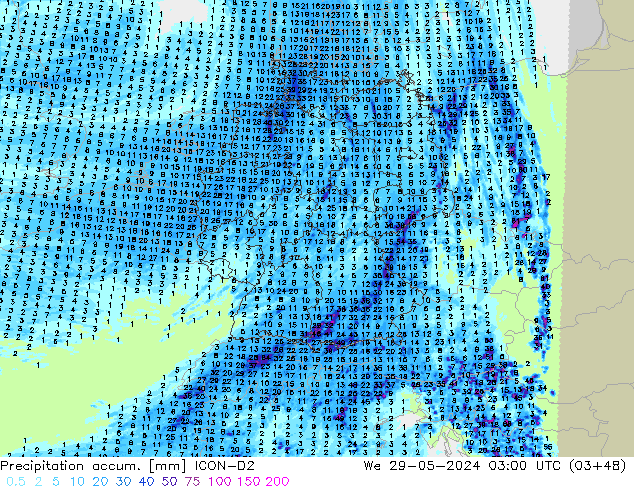 Precipitation accum. ICON-D2 Qua 29.05.2024 03 UTC