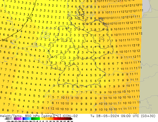 Geop./Temp. 850 hPa ICON-D2 mar 28.05.2024 09 UTC