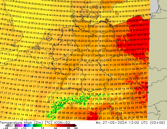 Max.  (2m) ICON-D2  27.05.2024 12 UTC