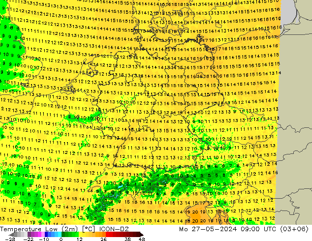 Minumum Değer (2m) ICON-D2 Pzt 27.05.2024 09 UTC