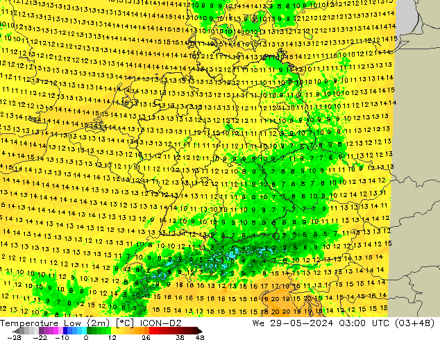 Temperatura mín. (2m) ICON-D2 mié 29.05.2024 03 UTC