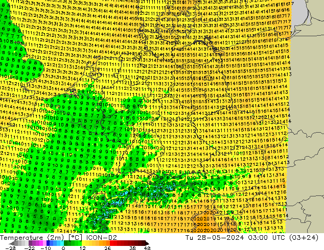 карта температуры ICON-D2 вт 28.05.2024 03 UTC