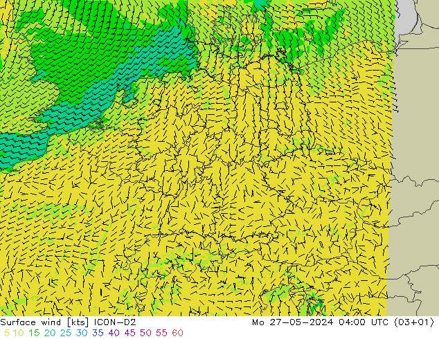 Vento 10 m ICON-D2 Seg 27.05.2024 04 UTC