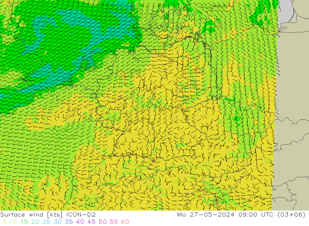 Surface wind ICON-D2 Po 27.05.2024 09 UTC