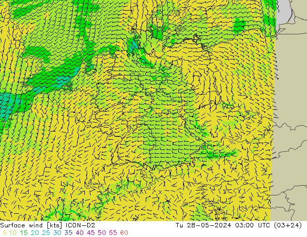 Viento 10 m ICON-D2 mar 28.05.2024 03 UTC