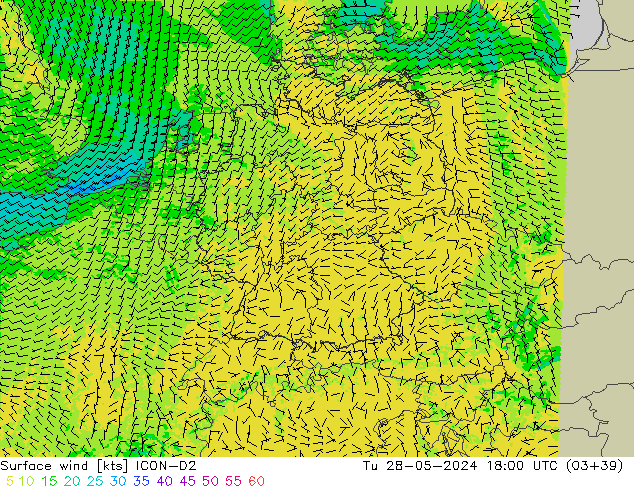 Vento 10 m ICON-D2 Ter 28.05.2024 18 UTC