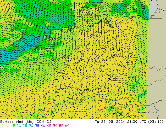 Bodenwind ICON-D2 Di 28.05.2024 21 UTC