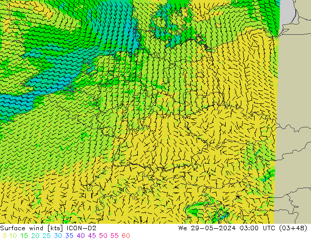 Vento 10 m ICON-D2 mer 29.05.2024 03 UTC