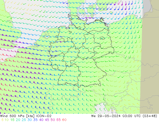 Wind 500 hPa ICON-D2 Mi 29.05.2024 03 UTC