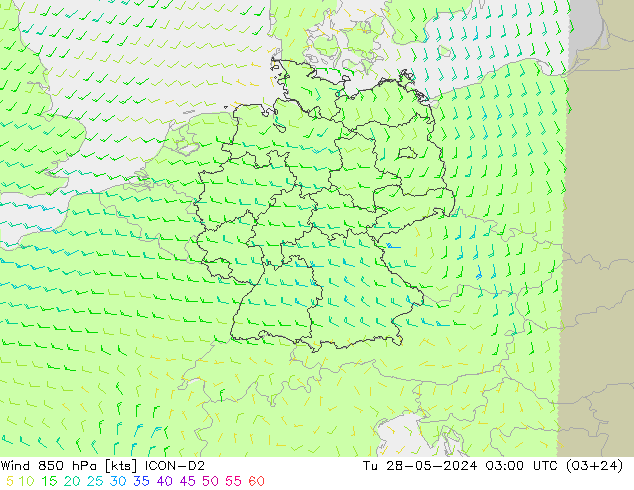 Wind 850 hPa ICON-D2 Di 28.05.2024 03 UTC