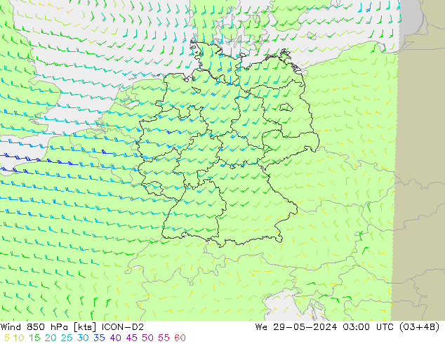 Vento 850 hPa ICON-D2 mer 29.05.2024 03 UTC