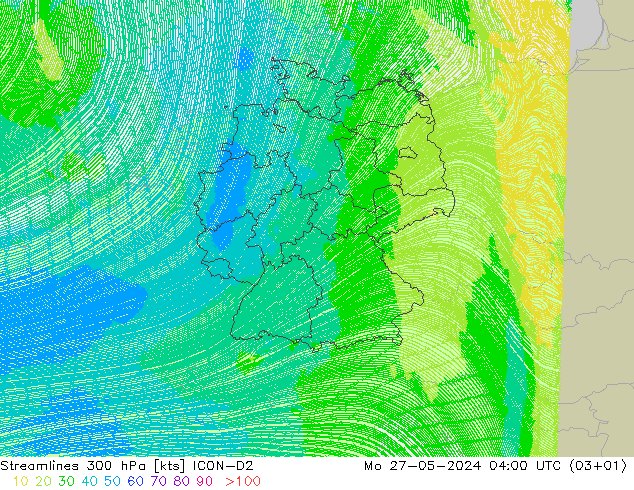 Stromlinien 300 hPa ICON-D2 Mo 27.05.2024 04 UTC