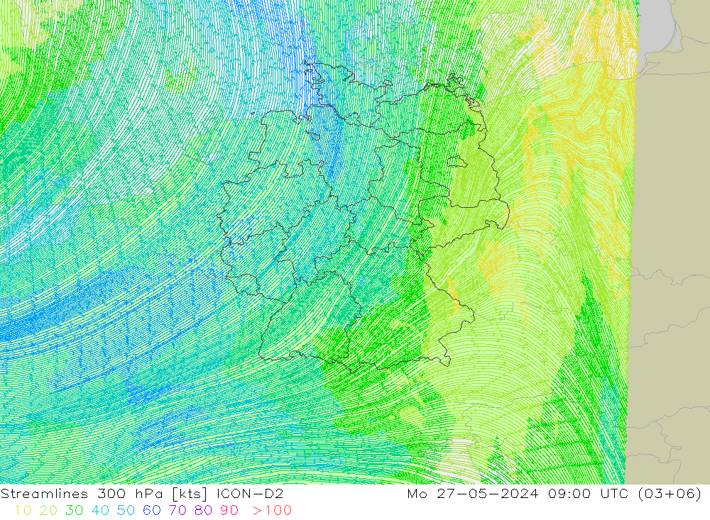 Streamlines 300 hPa ICON-D2 Mo 27.05.2024 09 UTC