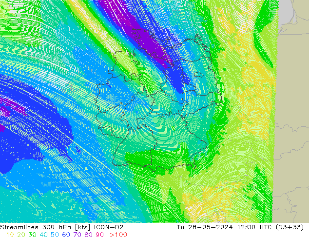 Línea de corriente 300 hPa ICON-D2 mar 28.05.2024 12 UTC