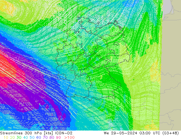 Linea di flusso 300 hPa ICON-D2 mer 29.05.2024 03 UTC