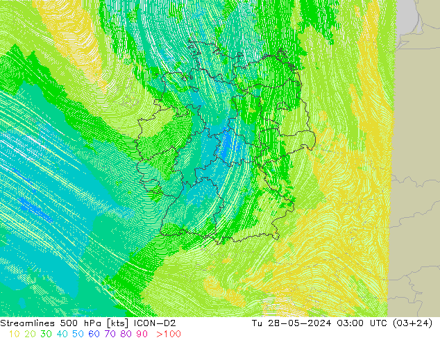 Stroomlijn 500 hPa ICON-D2 di 28.05.2024 03 UTC