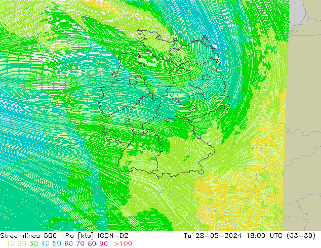 Streamlines 500 hPa ICON-D2 Tu 28.05.2024 18 UTC