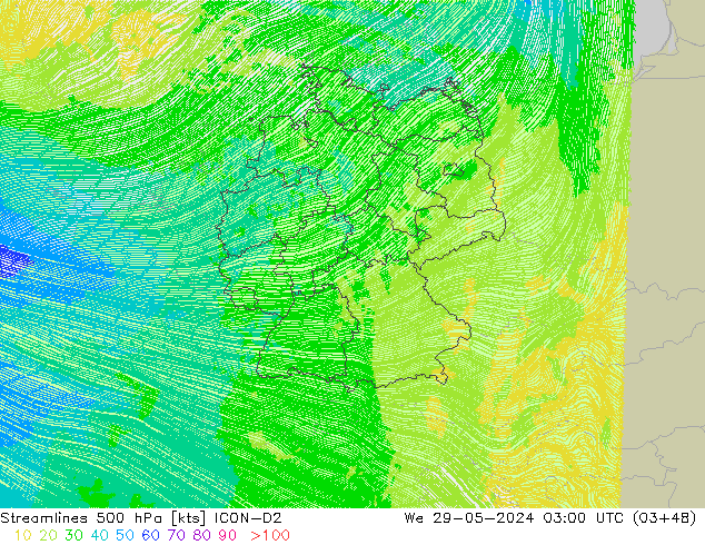 Linia prądu 500 hPa ICON-D2 śro. 29.05.2024 03 UTC