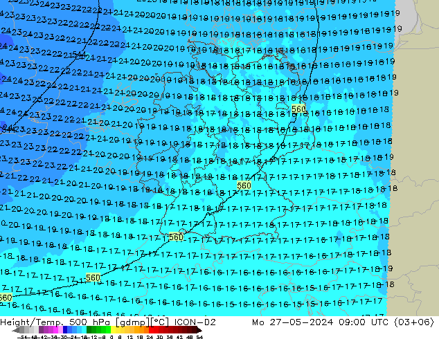 Height/Temp. 500 hPa ICON-D2 lun 27.05.2024 09 UTC