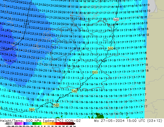 Height/Temp. 500 hPa ICON-D2 Mo 27.05.2024 15 UTC