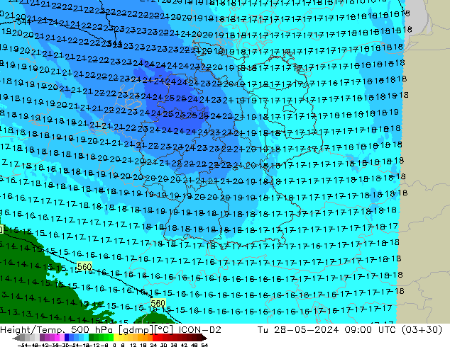 Hoogte/Temp. 500 hPa ICON-D2 di 28.05.2024 09 UTC