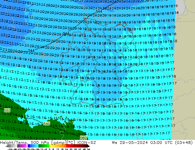 Géop./Temp. 500 hPa ICON-D2 mer 29.05.2024 03 UTC