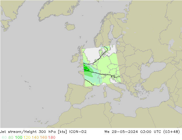 Jet stream/Height 300 hPa ICON-D2 St 29.05.2024 03 UTC