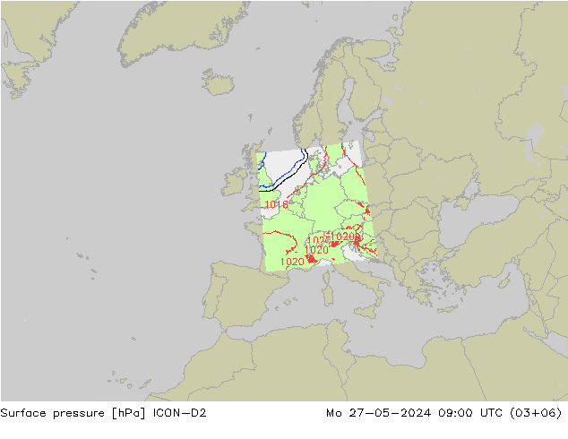 Presión superficial ICON-D2 lun 27.05.2024 09 UTC